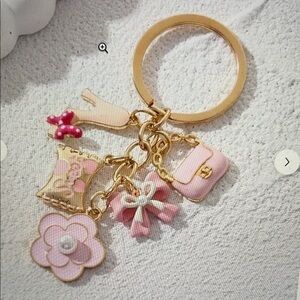 Sweet Pink Keychain with Camelia, Bow, Handbag, High Heel & Gold Accents